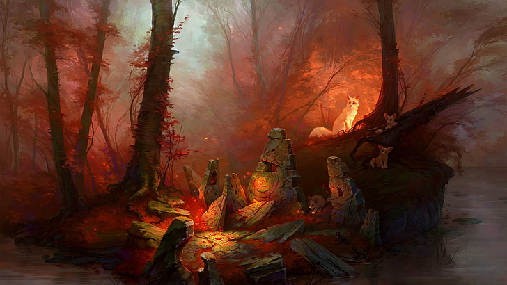 trees and wolves painting, painting of forest with rocks and fox, fox, forest, fall, Waystone, frog, magic, HD wallpaper