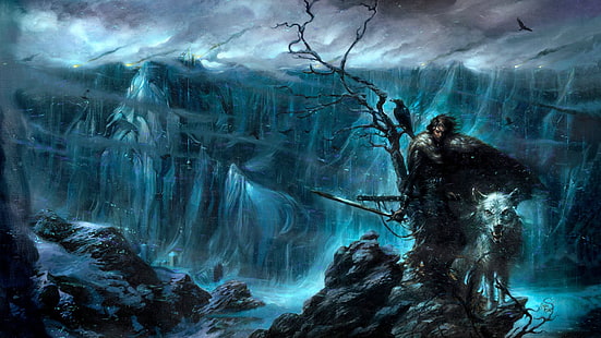 Jon Snow and Ghost Wolfアニメーション3D壁紙、Game of Thrones、Jon Snow、direwolves、The Wall、雪、アートワーク、Night's Watch、ファンタジーアート、 HDデスクトップの壁紙 HD wallpaper