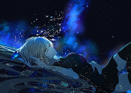 anime girl, lying down, butterfly, profile view, stars, Anime, HD wallpaper HD wallpaper