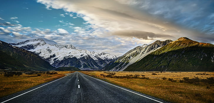 route en béton près de la montagne pendant la journée, cinématique, pays, route en béton, montagne, jour, Mount Cook, Nouvelle-Zélande, com, nature, paysage, paysages, à l'extérieur, route, voyage, été, autoroute, Fond d'écran HD