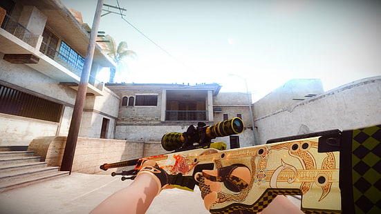 beige and brown sniper rifle, Counter-Strike, Counter-Strike: Global Offensive, Accuracy International AWP, Dragon Lore, video games, HD wallpaper HD wallpaper