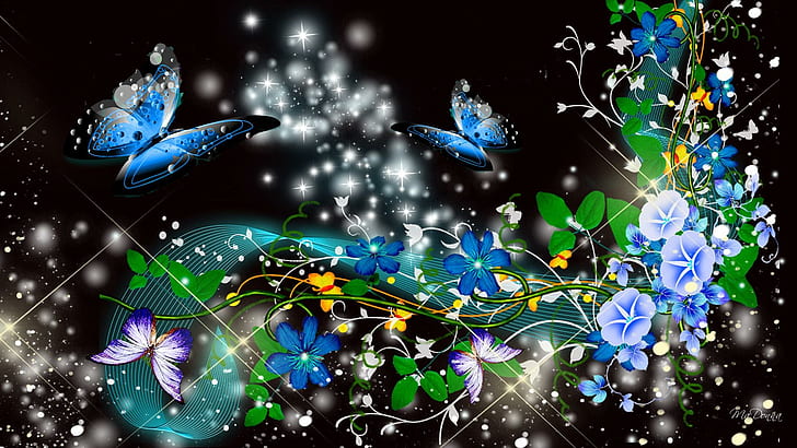 Бабочки Утренняя слава, сучки, виноградные лозы, звезды, блестки, цветы, яркие, синие, бабочки, 3d и абстрактные, HD обои
