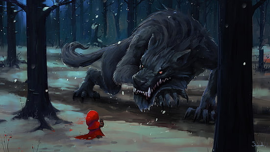 ilustrasi hood berkuda merah, seni digital, seni fantasi, hewan, serigala, Little Red Riding Hood, musim dingin, salju, pohon, hutan, dongeng, lukisan, makhluk, taring, seram, Wallpaper HD HD wallpaper