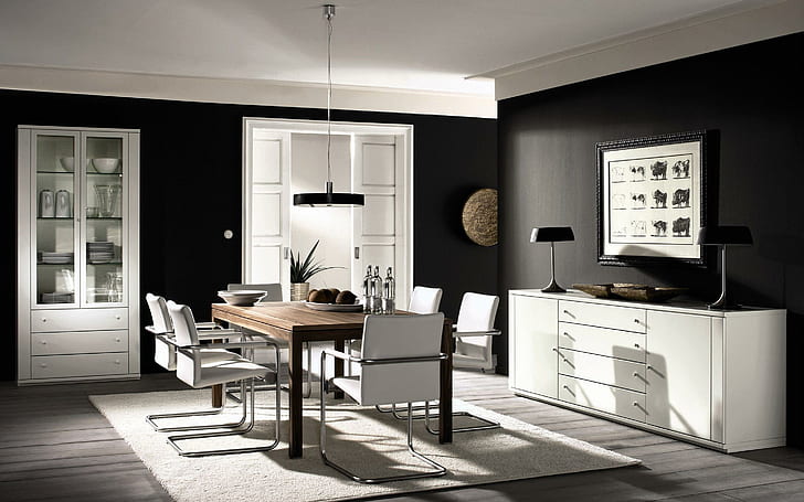 Modern matsal, vit och svart matsats i trä, fotografi, 2880x1800, rum, lampa, stol, bord, matsal, HD tapet