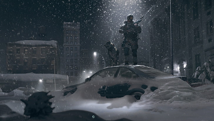 game application screenshot, artwork, futuristic, snow, soldier, dog, HD wallpaper