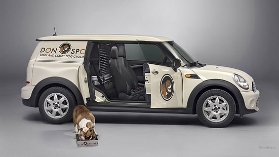 Mini Clubvan, MINI Cooper Clubman, куче, Mini Cooper, кола, животни, превозно средство, HD тапет HD wallpaper