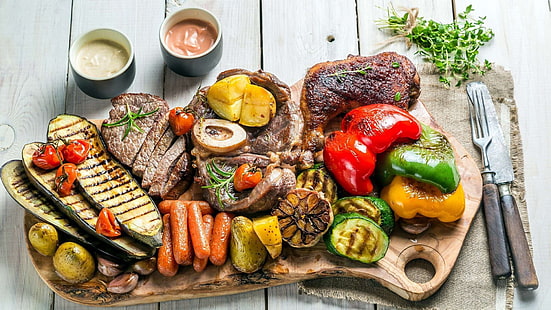 food, vegetables, meats, meat, steak, mixed grill, roasting, grillades, HD wallpaper HD wallpaper