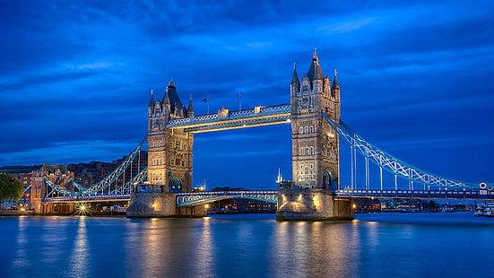 إنجلترا لندن ، نهر المدينة الليلي ، التايمز ، جسر البرج ، السماء الزرقاء ، الأضواء ، إنجلترا ، لندن ، المدينة ، الليل ، النهر ، التايمز ، البرج ، الجسر ، الأزرق ، السماء ، الأضواء، خلفية HD HD wallpaper