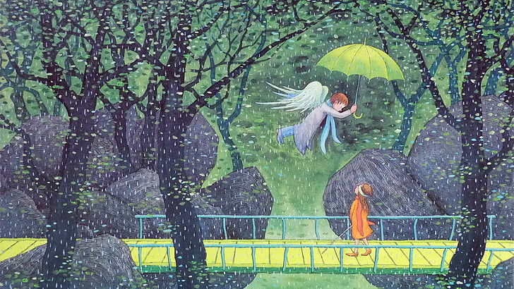 cartoon, angel, umbrella, rain, art, tale, fairytale art, tree, fairytale, artwork, drawing, HD wallpaper
