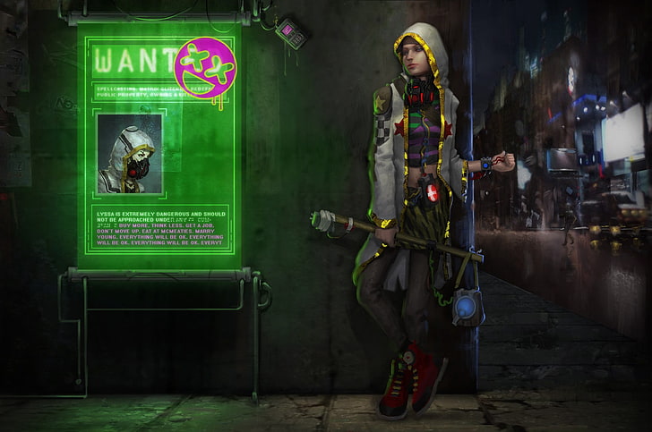 postać kobieca w cyfrowej tapecie szarej peleryny, cyberpunk, kobiety, Tapety HD