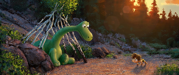 The Good Dinosaur film fortfarande, skog, grön, figur, tecknad film, dinosaurie, pojke, fantasi, konst, pixar, animation, disney, konceptkonst, hyddan, The Good Dinosaur, vild, HD tapet HD wallpaper
