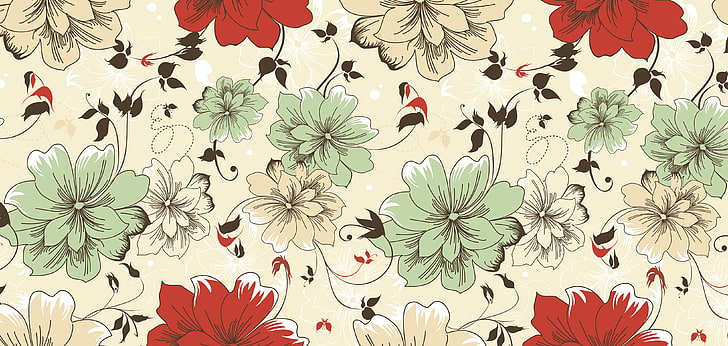 beige, green, and red floral surface, color, pattern, surface, colorful, HD wallpaper