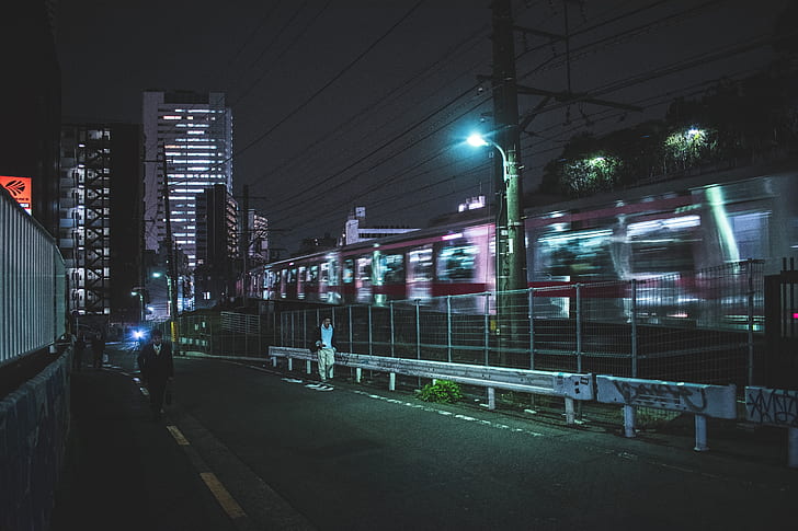Япония, нощ, градски пейзаж, Токио, влак, градски, улица, Азия, HD тапет
