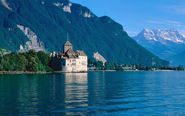 Замки, Шато де Шильон, Замок, Шато де Шильон, Озеро, Гора, Швейцария, HD обои