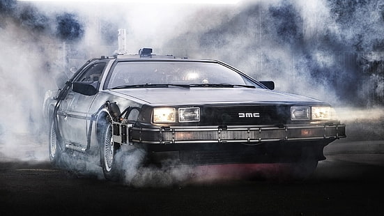 черные обои купе DMC, Назад в будущее, DeLorean, произведение искусства, кино, автомобиль, HD обои HD wallpaper