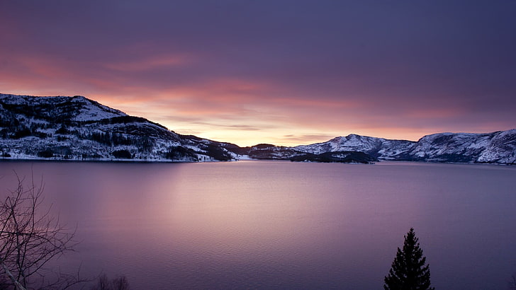snowy hills, nature, lake, mountains, HD wallpaper