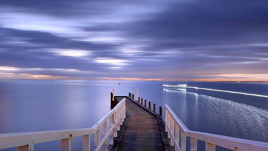 biało-brązowy drewniany pomost morski, zachód słońca, przystań, molo, morze, Tapety HD HD wallpaper