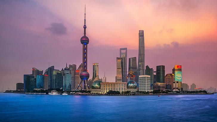 arquitetura, moderno, edifício, paisagem urbana, arranha céu, cidade, shanghai, china, torre, mar, pôr do sol, nuvens, esfera, HD papel de parede