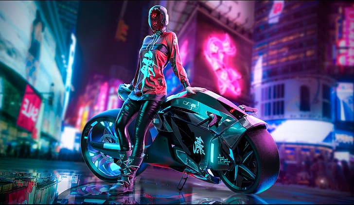 Cyberpunk, Cyberpunk 2077, Frauen, stehend, Fahrräder, futuristische Stadt, futuristisch, Kunstwerk, Fan Art, digitale Kunst, digitale Malerei, HD-Hintergrundbild