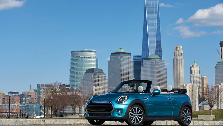blue Mini Cooper convertible parked on road during daytime, MINI Cooper Cabrio, NYIAS 2016, cabriolet, HD wallpaper