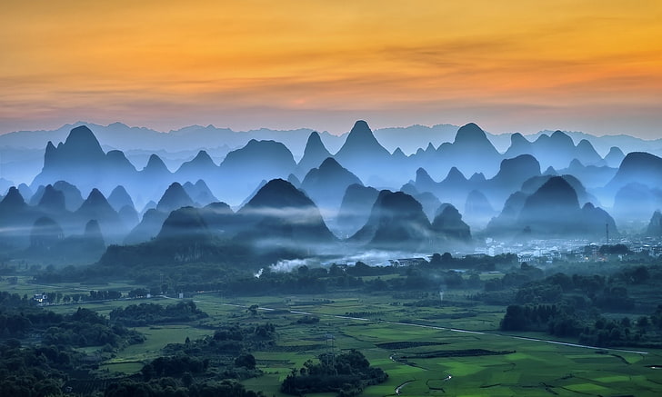 Natur, Landschaft, Nebel, Berge, Feld, Morgen, China, Bäume, Stadt, HD-Hintergrundbild