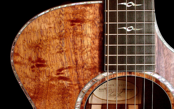 brązowa gitara akustyczna, gitara, drewno, struny, tło, światło, Tapety HD