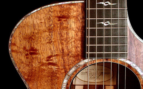 brązowa gitara akustyczna, gitara, drewno, struny, tło, światło, Tapety HD HD wallpaper