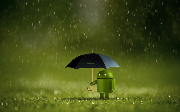 android under black umbrella digital wallpaper, Android (operating system), rain, umbrella, technology, HD wallpaper