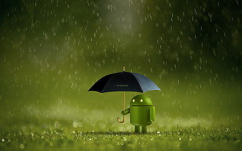 android под черен чадър цифров тапет, Android (операционна система), дъжд, чадър, технология, HD тапет HD wallpaper