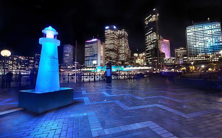 Mercusuar Macquare, pelabuhan, kaki langit, pusat kota, malam, cahaya, sydney, Wallpaper HD