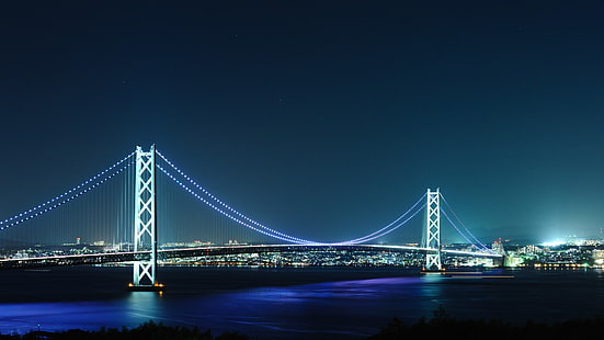 الجسور ، جسر أكاشي كايكيو ، جسر أكاشي كايكيو ، الأزرق ، الجسر ، اليابان ، صنع الإنسان، خلفية HD HD wallpaper