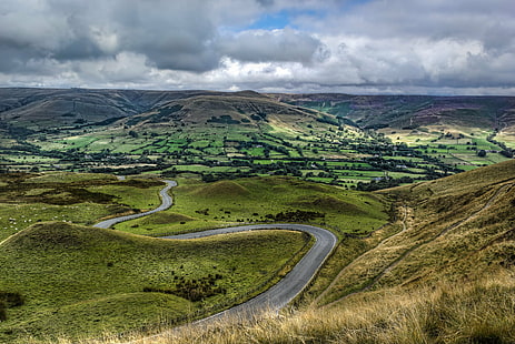 road surround ding trees under dark sky during day time, Winding road, surround, ding, trees, dark sky, day, time, Peak District National Park, mam tor, roads, hills, clouds, canon, hdr, grass, countryside, nature, mountain, landscape, scenics, hill, road, outdoors, cloud - Sky, HD wallpaper HD wallpaper