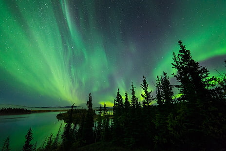 Земя, Aurora Borealis, цветове, езеро, пейзаж, светлина, нощ, небе, звезда, HD тапет HD wallpaper