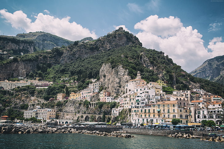 clouds, 4k, Amalfi Coast, Italy, 5k, Amalfi, rocks, HD wallpaper