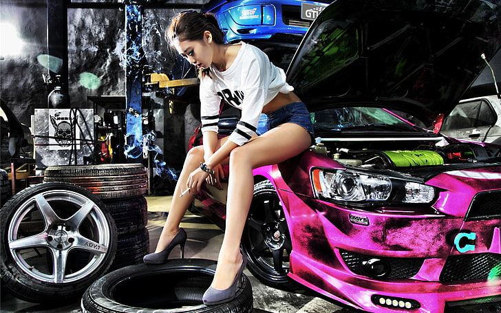 women's white elbow-sleeved crop top, Mitsubishi, tuning, car, cigarettes, high heels, Asian, tires, women with cars, model, sitting, legs, smoking, HD wallpaper