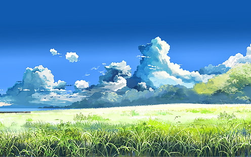blue and white cloud photography during daytime, Makoto Shinkai, 5 Centimeters Per Second, field, clouds, landscape, artwork, anime, colorful, sky, HD wallpaper HD wallpaper