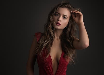 sexy, Pose, Hintergrund, Model, Porträt, Make-up, Kleid, Frisur, braune Haare, Schönheit, in Rot, HD-Hintergrundbild HD wallpaper