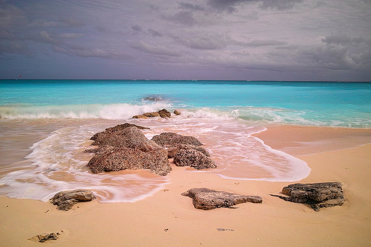beach, Caribbean, Eden, island, landscape, nature, photography, rocks, sand, sea, tropical, Turks and Caicos, HD wallpaper