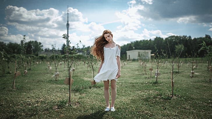 Girl, Look, Trees, Hair, Dress, White, Freckles, Red, Katya Voronina, HD wallpaper