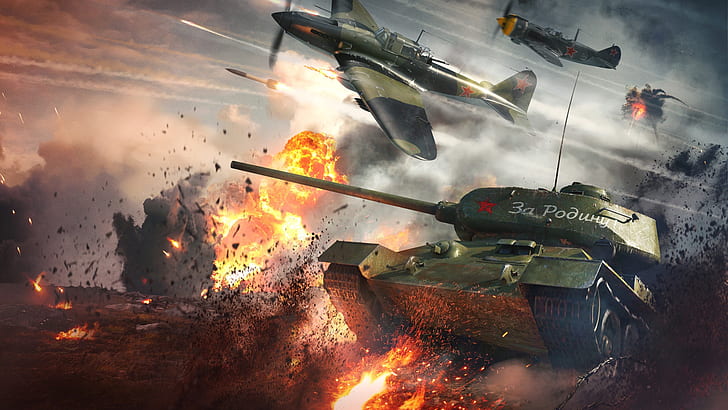 Videojuego, War Thunder, Ilyushin Il-2, T-34, Tank, Fondo de pantalla HD