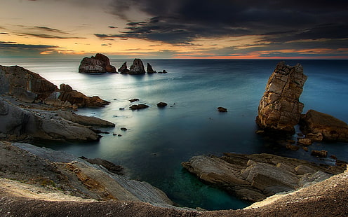 natur, landskap, solnedgång, hav, kust, sten, moln, blå, himmel, vatten, Spanien, HD tapet HD wallpaper