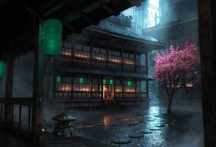 коричневые 2-х этажные аниме обои, дождь, фонарь, рисунок, вишня в цвету, храм, Тайный мир, Сеул, HD обои