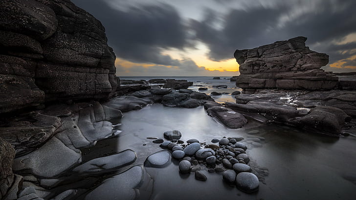 black stone and cliff beside body of water, liscannor, clare, ireland, liscannor, clare, ireland, Liscannor, Clare, Ireland, Seascape, photography, black stone, cliff, body of water, photo, landscape, fullframe, light, blu, sony, ultra, a7, orange, clouds, long exposure, rocks, sunset, travel, motion  photography, sony a7, sky  europe, geotagged, sea, IE, rock - Object, nature, beach, water, coastline, dusk, outdoors, scenics, HD wallpaper