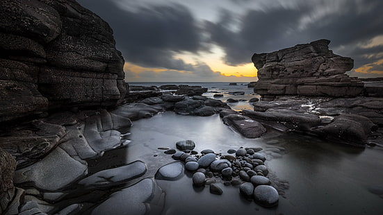 black stone and cliff beside body of water, liscannor, clare, ireland, liscannor, clare, ireland, Liscannor, Clare, Ireland, Seascape, photography, black stone, cliff, body of water, photo, landscape, fullframe, light, blu, sony, ultra, a7, orange, clouds, long exposure, rocks, sunset, travel, motion  photography, sony a7, sky  europe, geotagged, sea, IE, rock - Object, nature, beach, water, coastline, dusk, outdoors, scenics, HD wallpaper HD wallpaper
