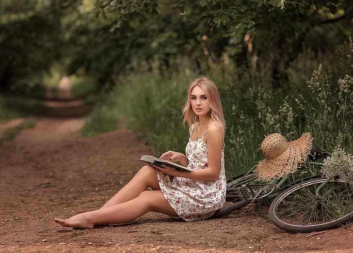 summer, grass, girl, nature, bike, hat, barefoot, makeup, dress, blonde, track, book, Victoria Dubrovskaya, HD wallpaper