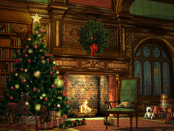 arbre de noël et cadeau peinture, boules, décoration, lumières, style, salle, vacances, jouets, nouvel an, Noël, intérieur, cadeaux, arbre, cheminée, guirlande, meublé, Fond d'écran HD