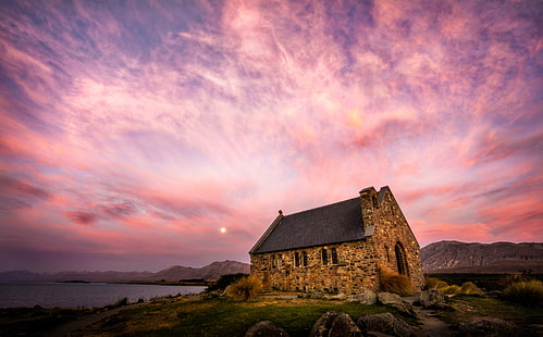 Kirchen, Kirche, See, See Tekapo, Neuseeland, religiös, Stein, Sonnenuntergang, HD-Hintergrundbild HD wallpaper
