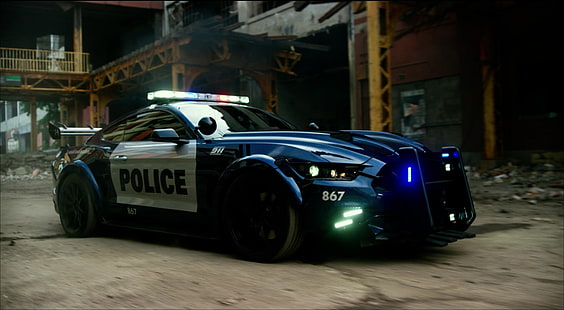 سيارة شرطة زرقاء وبيضاء ، شرطة ، سيارة ، فورد ، ترانسفورمرز ، فورد موستانج ، محولات: الفارس الأخير، خلفية HD HD wallpaper