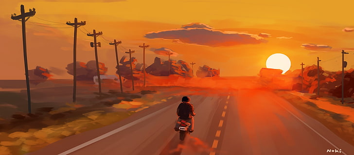 道路アニメ壁紙、日没、道路、イラストにオートバイに乗る人、 HDデスクトップの壁紙
