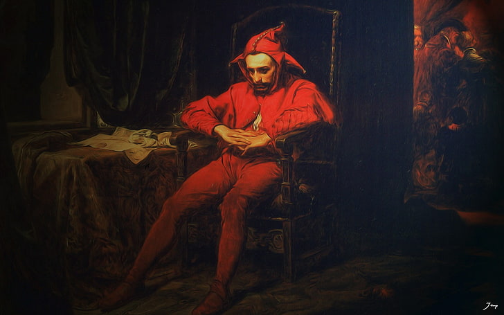 мъжки костюм с червен шут, Stańczyk, дигитално изкуство, Joker, HD тапет